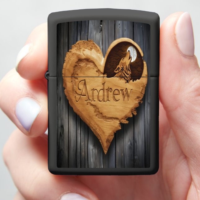 Wooden Heart With Wolf and Name Andrew Zippo Lighter (In Hand)
