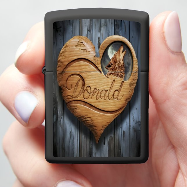 Wooden Heart With Wolf Howling Zippo Lighter (In Hand)