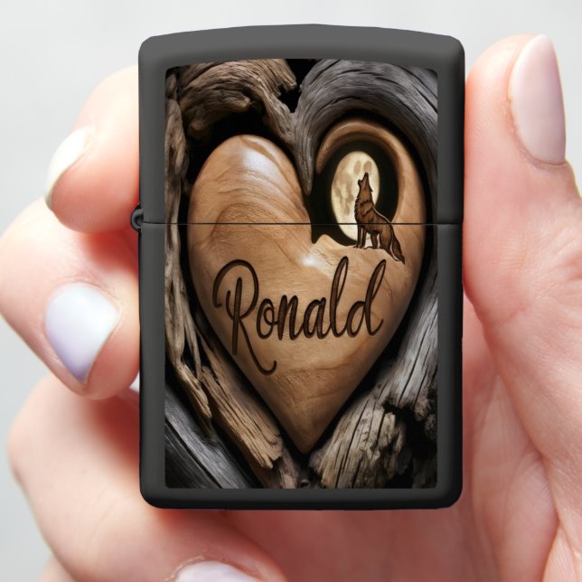 Wooden Heart With Wolf Zippo Lighter (In Hand)
