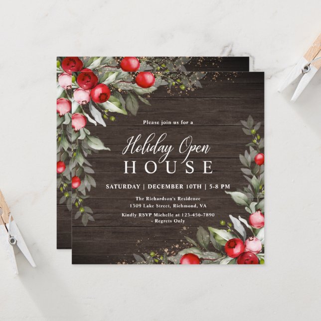 Wooden Holly Berry Holiday Open House   Invitation (Front/Back In Situ)
