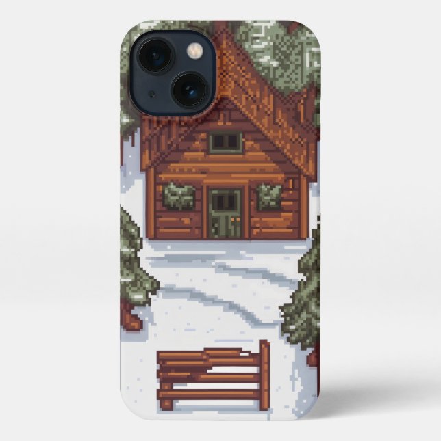 wooden house in a snowy forest pixelated  iPhone case (Back)