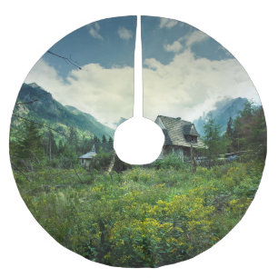 Wooden house, mountain nature scenery. brushed polyester tree skirt