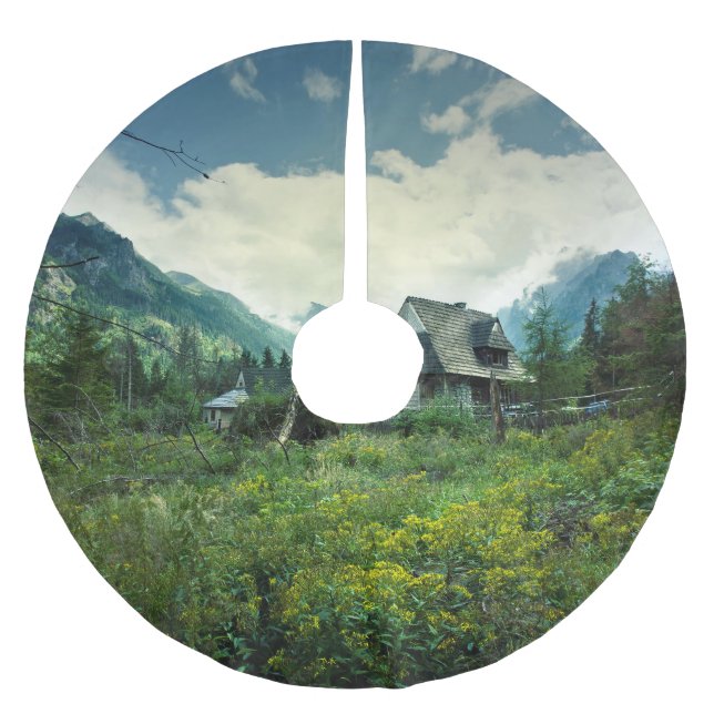 Wooden house, mountain nature scenery. brushed polyester tree skirt (Front)