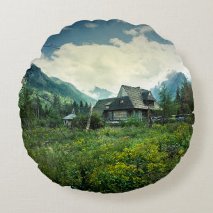 Wooden house, mountain nature scenery. round pillow