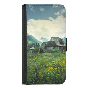 Wooden house, mountain nature scenery. samsung galaxy s5 wallet case