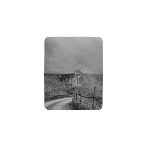 Wooden hut in naturefog at mountain card holder