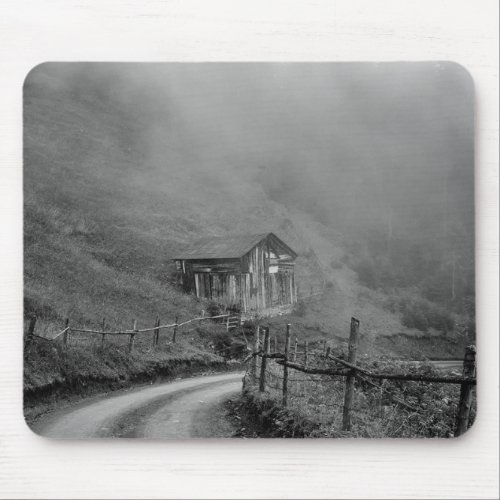 Wooden hut in naturefog at mountain mouse pad