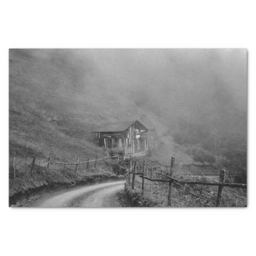 Wooden hut in naturefog at mountain tissue paper