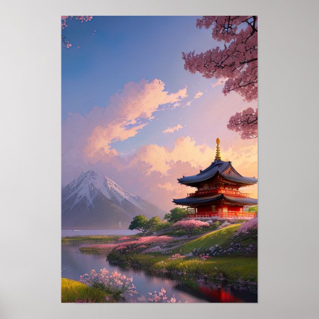Wooden Japanese Temple by the River Poster (Front)