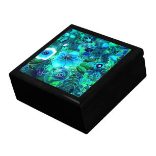 Wooden Jewelry Keepsake Box Floral Teal Blue