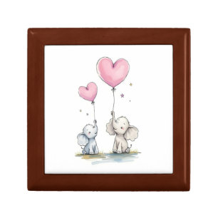 Wooden Jewelry Keepsake Box Pink Elephant Hearts