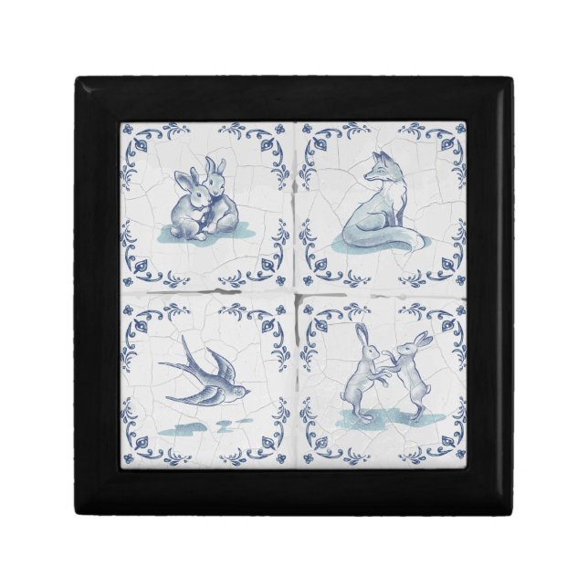 Wooden Jewelry Keepsake Delft Tile Forest Animals Gift Box (Front)