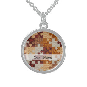 Wooden jigsaw puzzle sterling silver necklace