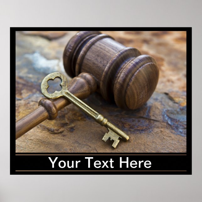 Wooden Judge's Gavel and brass Key with copy space Poster (Front)