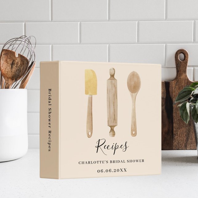Wooden kitchen utensils beige Bridal Shower recipe 3 Ring Binder (Creator Uploaded)