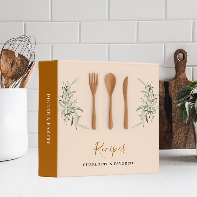 Wooden kitchen utensils rustic greenery recipe 3 ring binder (Creator Uploaded)