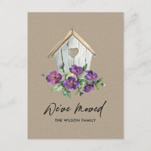 WOODEN KRAFT FLORAL BIRD HOUSE MOVING NEW ADDRESS ANNOUNCEMENT POSTCARD