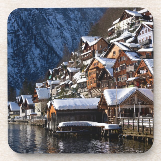 Wooden lakeside houses in Hallstatt, Austria Beverage Coaster (Front)