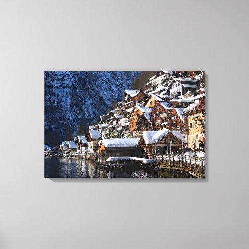 Wooden lakeside houses in Hallstatt Austria Canvas Print