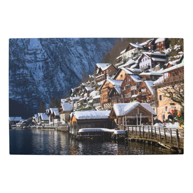 Wooden lakeside houses in Hallstatt, Austria Metal Print (Front)