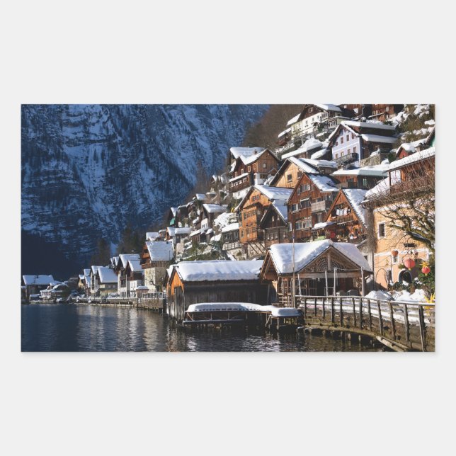 Wooden lakeside houses in Hallstatt, Austria Rectangular Sticker (Front)