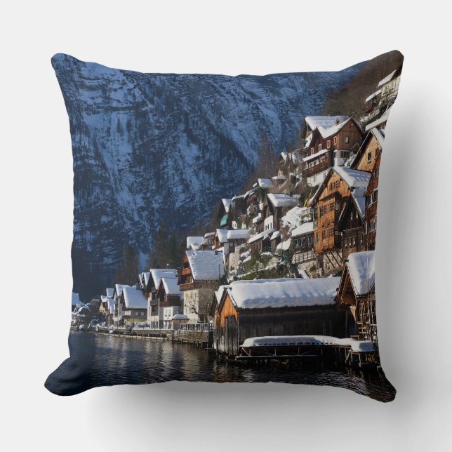 Wooden lakeside houses in Hallstatt, Austria Throw Pillow (Front)