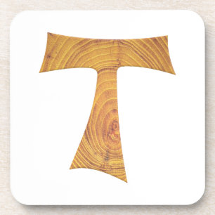 Wooden Look Franciscan Tau Cross Beverage Coaster