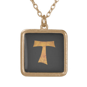 Wooden Look Franciscan Tau Cross Gold Plated Necklace