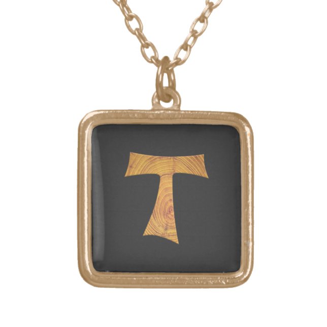 Wooden Look Franciscan Tau Cross Gold Plated Necklace (Front)