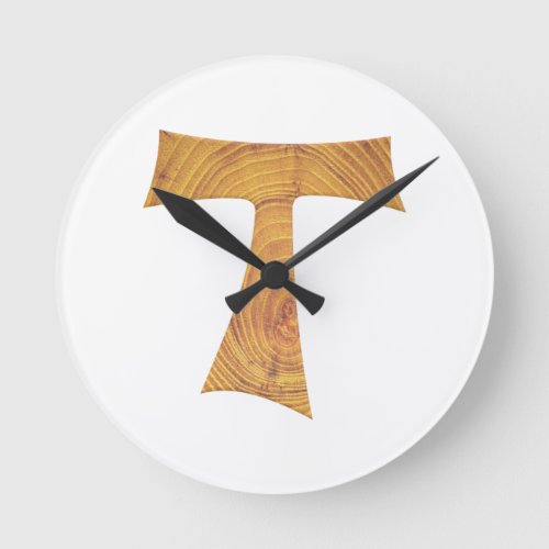 Wooden Look Franciscan Tau Cross Round Clock