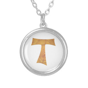 Wooden Look Franciscan Tau Cross Silver Plated Necklace