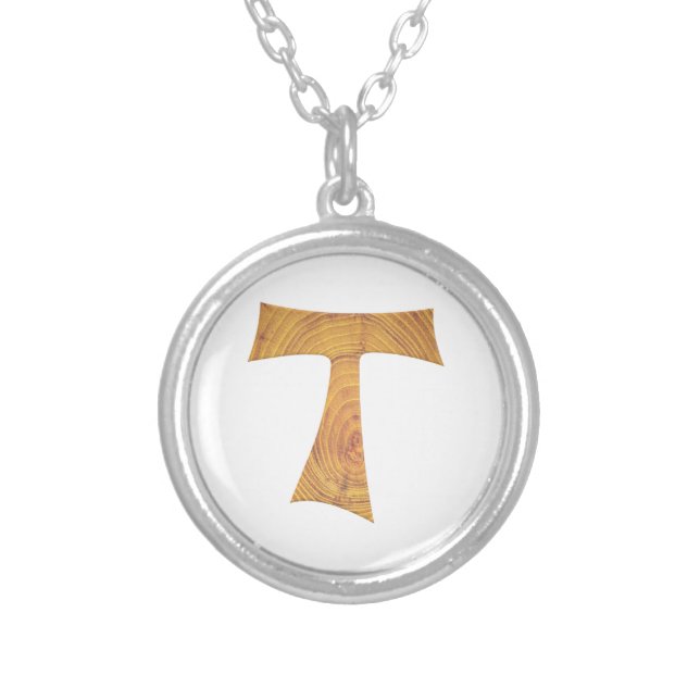 Wooden Look Franciscan Tau Cross Silver Plated Necklace (Front)