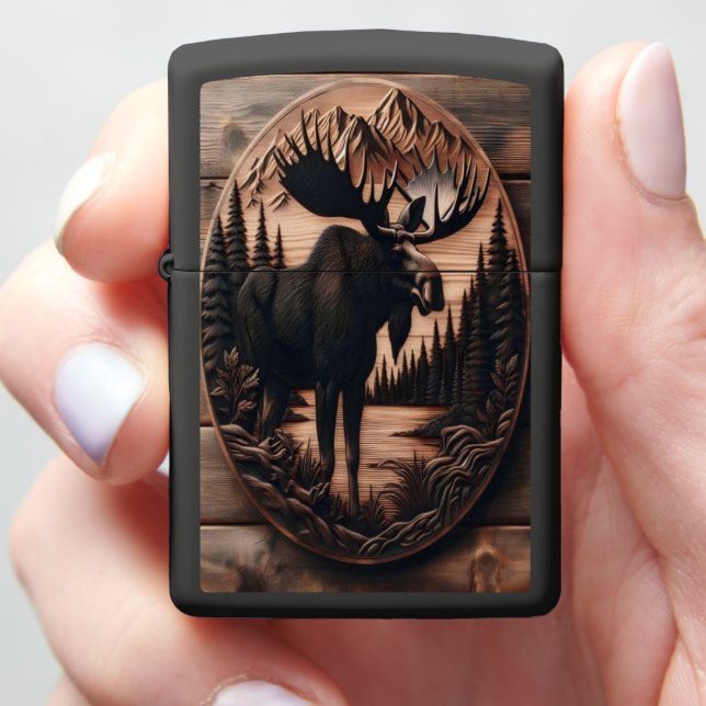 Wooden Moose Carving Zippo Lighter (In Hand)