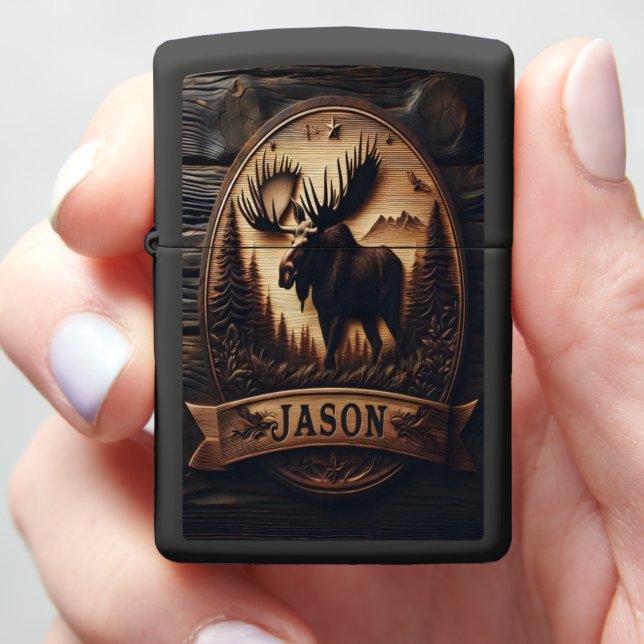 Wooden Moose Sign Zippo Lighter (In Hand)