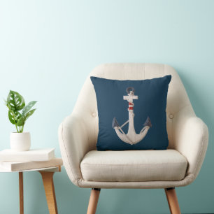 Wooden Nautical Anchor On Navy Blue Throw Pillow