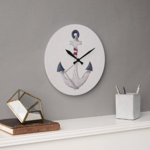 Wooden Nautical Anchor On Neutral Background Large Clock