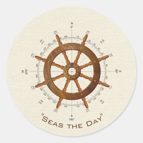 wooden nautical helm and compass classic round sticker