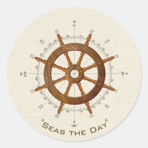 wooden nautical helm and compass classic round sticker