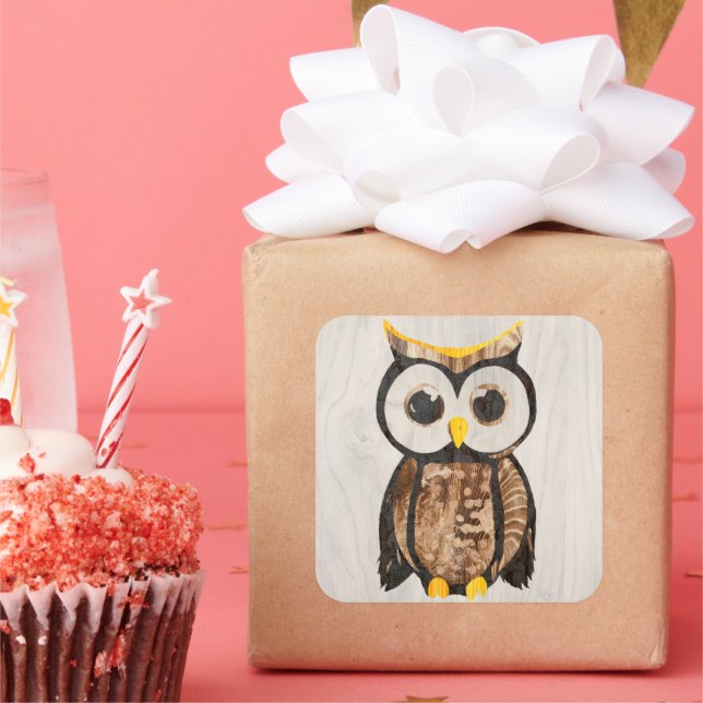 Wooden Owl with big eyes Square Sticker (Party)