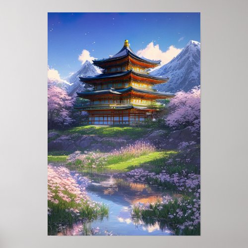 Wooden Pagoda Amidst Blossoming Sakura Poster