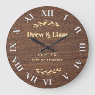 Wooden Pattern Vintage Wedding Floral Custom Name Large Clock