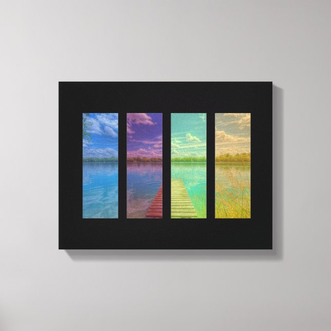 Wooden Pier over a Calm Lake Landscape Quadtrych Canvas Print (Front)