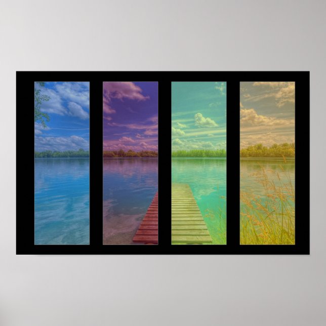 Wooden Pier over a Calm Lake Landscape Quadtrych Poster (Front)