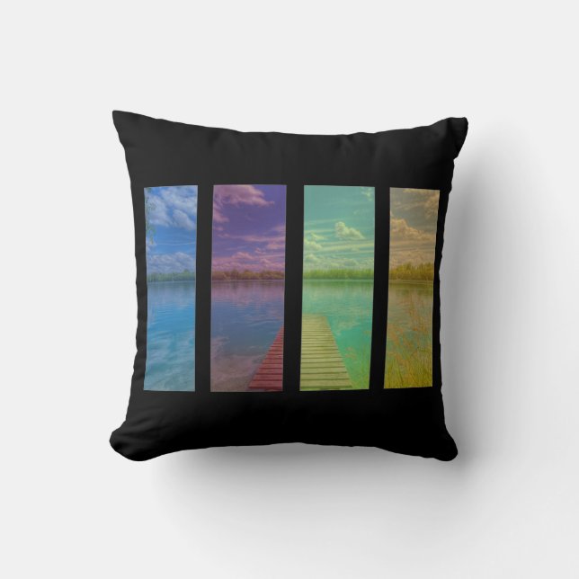 Wooden Pier over a Calm Lake Landscape Quadtrych Throw Pillow (Front)