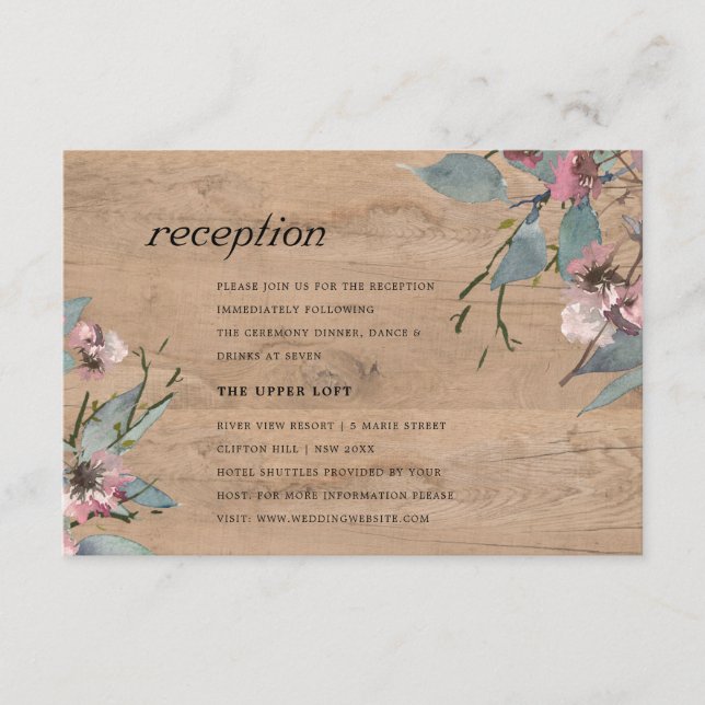 Wooden Pink Eucalyptus Floral Wedding Reception Enclosure Card (Front)