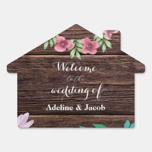 Wooden Pink floral calligraphy wedding welcome Sign