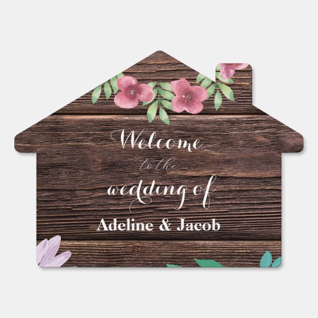 Wooden Pink floral calligraphy wedding welcome Sign (Front)