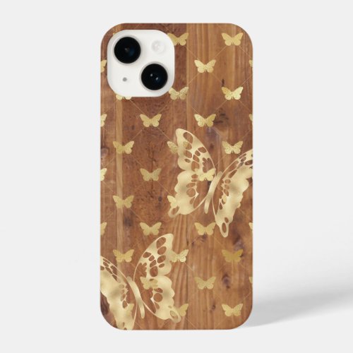 Wooden Plank Golden Butterflies iPhone 14 Cases