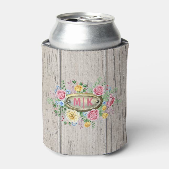 Wooden Planks with Fancy Dual Monogram Can Cooler (Can Front)