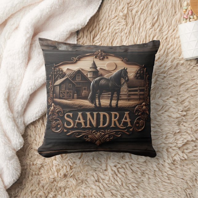 Wooden Plaque Featuring Horse and Farm Landscape Throw Pillow (Blanket)